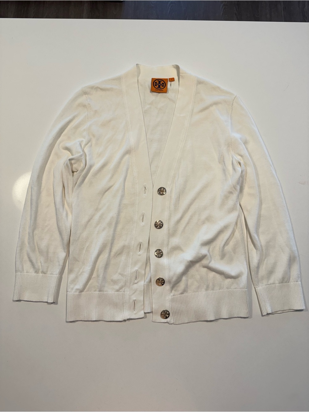 Tory Burch Cadigan in White with Gold Buttons, Small